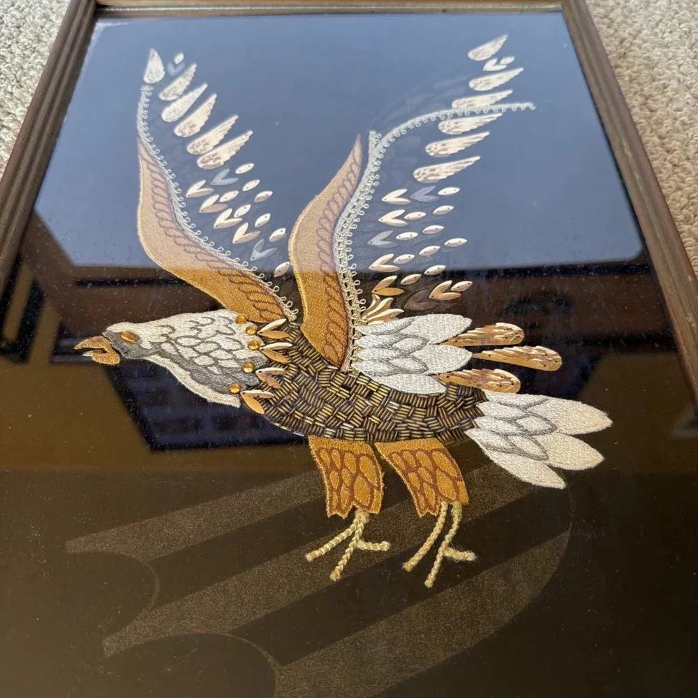 Velvet Bald Eagle Silk Screen Beaded Sequin Embroidered Applique Framed Wall Art
